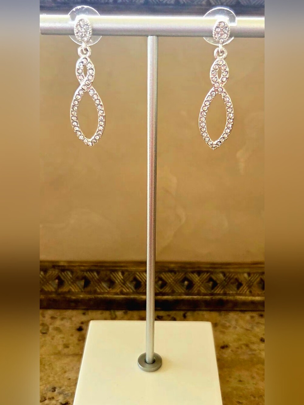 Anne Klein 1.5" Silver Tone Pavé Rhinestone Open Marquise Twist Drop Earrings